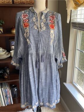 Kyla Seo Embroidered Blue Cotton-Poplin Peasant Dress Size L